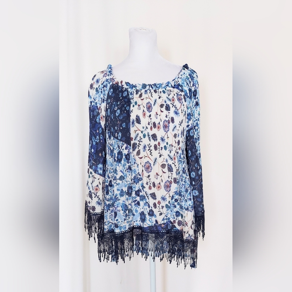 Spense Boho Floral Print Fringe Detail Long Sleeve Blouse Tunic Size Medium